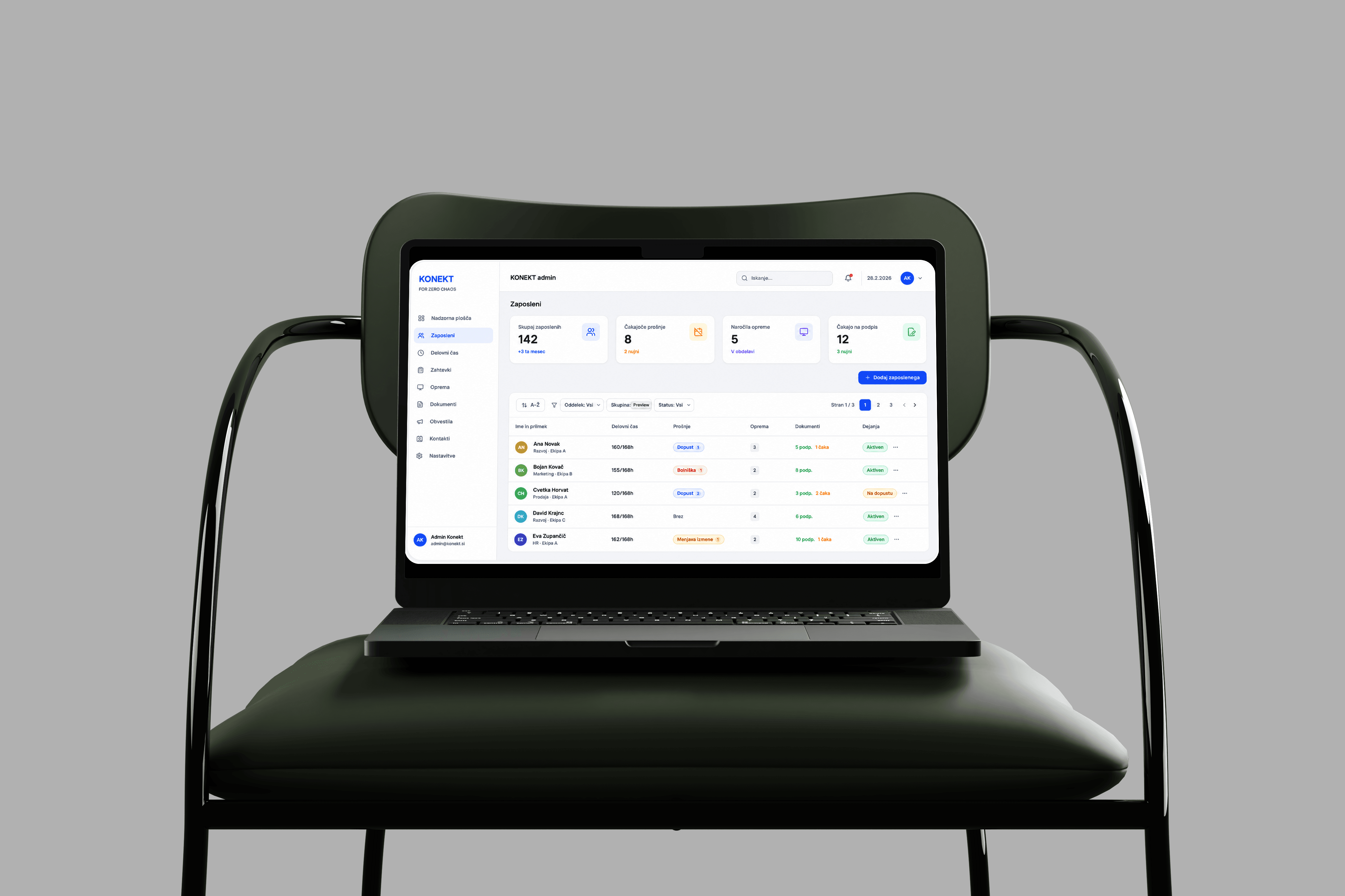 Laptop on a chair displaying a financial data dashboard with charts and numbers.